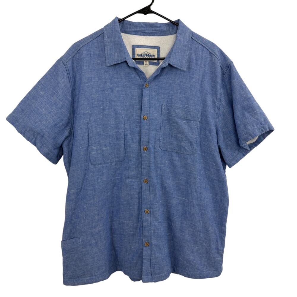 California Cowboy High Water Shirt XL Blue Linen Short Sleeve Button Terry Lined